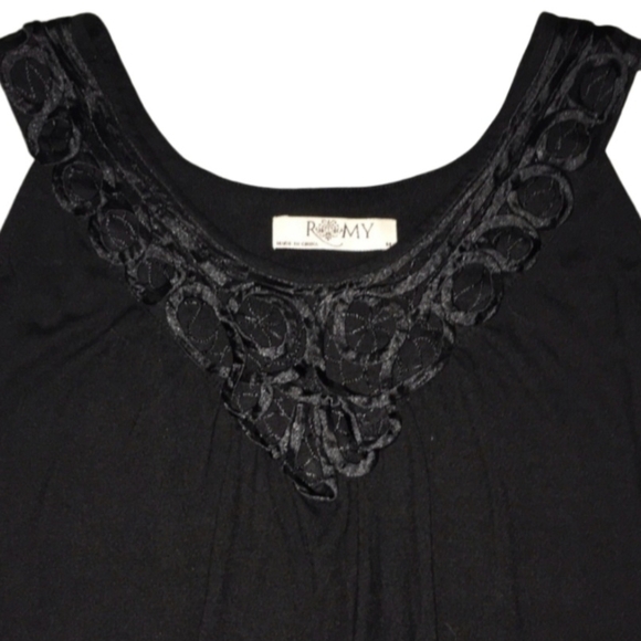 ROMY Black Tank Top Sleeveless V-Neck Statement Flowey Tunic Womens Size Medium - Picture 2 of 10